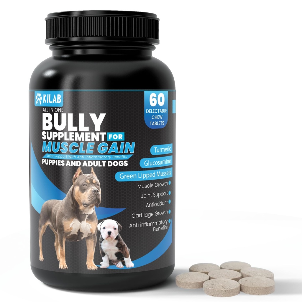 Kilab Dog Weiner Gainer - 60- Count Muscle Builder Download - Svalový růstový dodatek pro psy, štěňata a dospělé - Bully Growth Formule s kurkumou, Glucosamine, Zelené rty