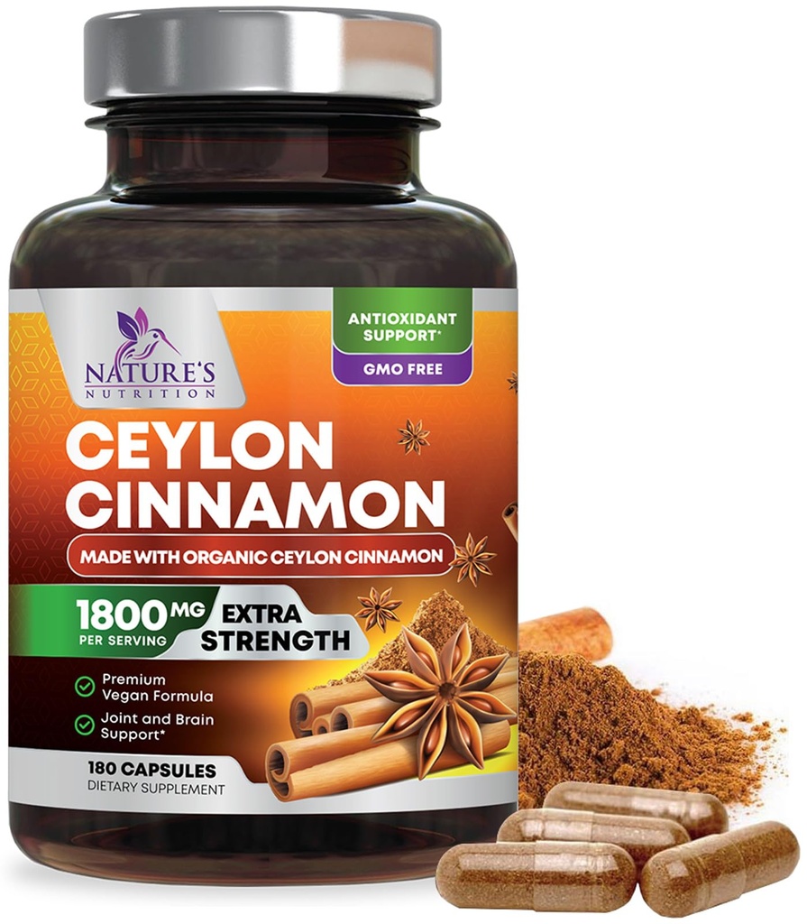 Organic Ceylon Skořice Dodatek 1800mg - Certified Organic Ceylon Skořice Powder Pills - Energy & Heart Support for Women & Men, Lahvička v USA, Antioxidant, Gluten Free, Non- GMO - 180 Kapsle