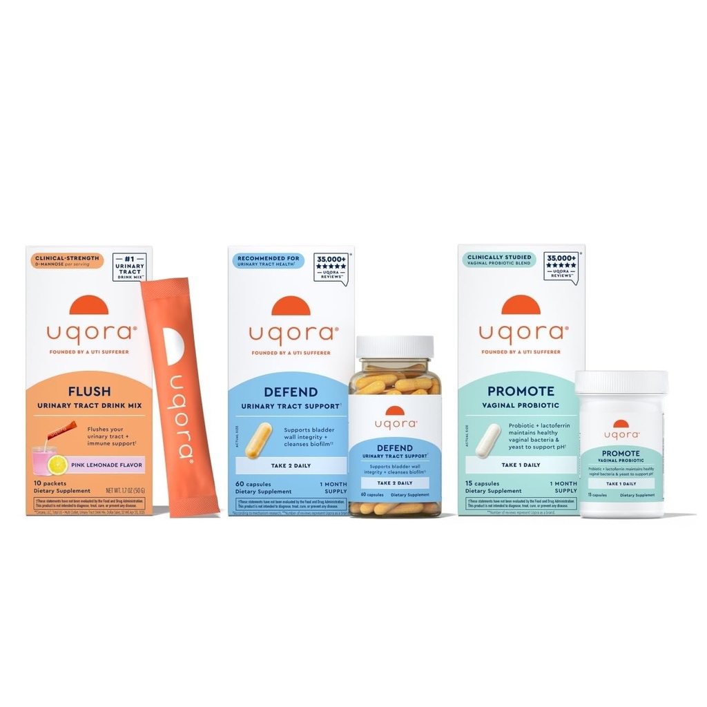 Uqora Kompletní režim s Flush, Defend & Promote - Podpora močových cest s D- Mannose, Vitamin C, Zelený čaj Extrakt, Probiotika & Více - Komplexní podpora zdraví močových měchýřů * - 3-Part Bundle
