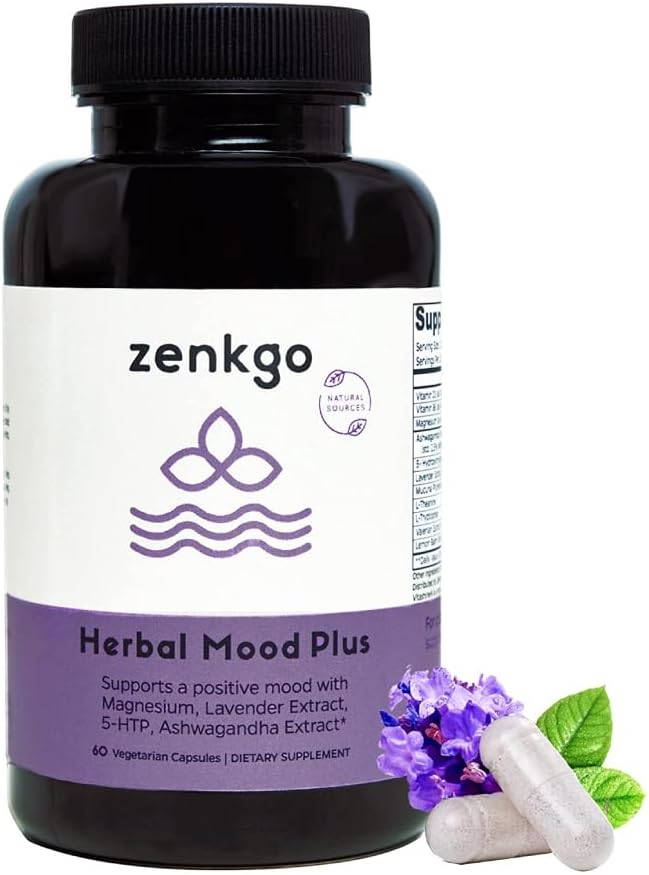 Zenkgo Ashwagandha, 5-HTP, Lavender, Mucuna, L-tryptofan - Mood Supplement, Plant- Based, Bylinné Mood Plus Pomáhá s klidnou myslí a stres, Emotion Blalance, Positivity (60Ct / 30Day)