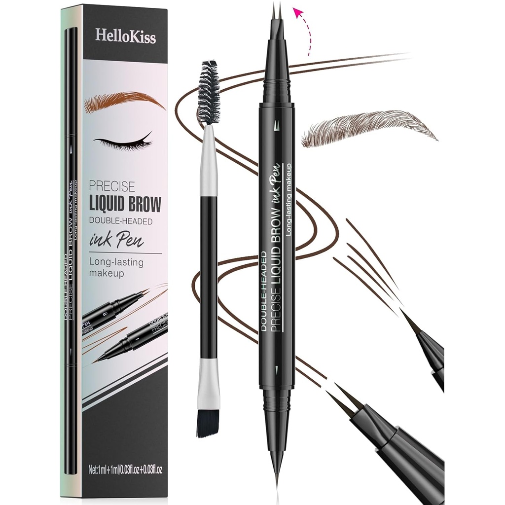 9708 2- Tip Double- Ended Eyebrow Pen, 2- in-1, s Eyebrow Brush. Vodotěsný a potní důkaz, Precision Liquid Brow, 5 odstíny, dlouhotrvající (3 # Dark Brown)
