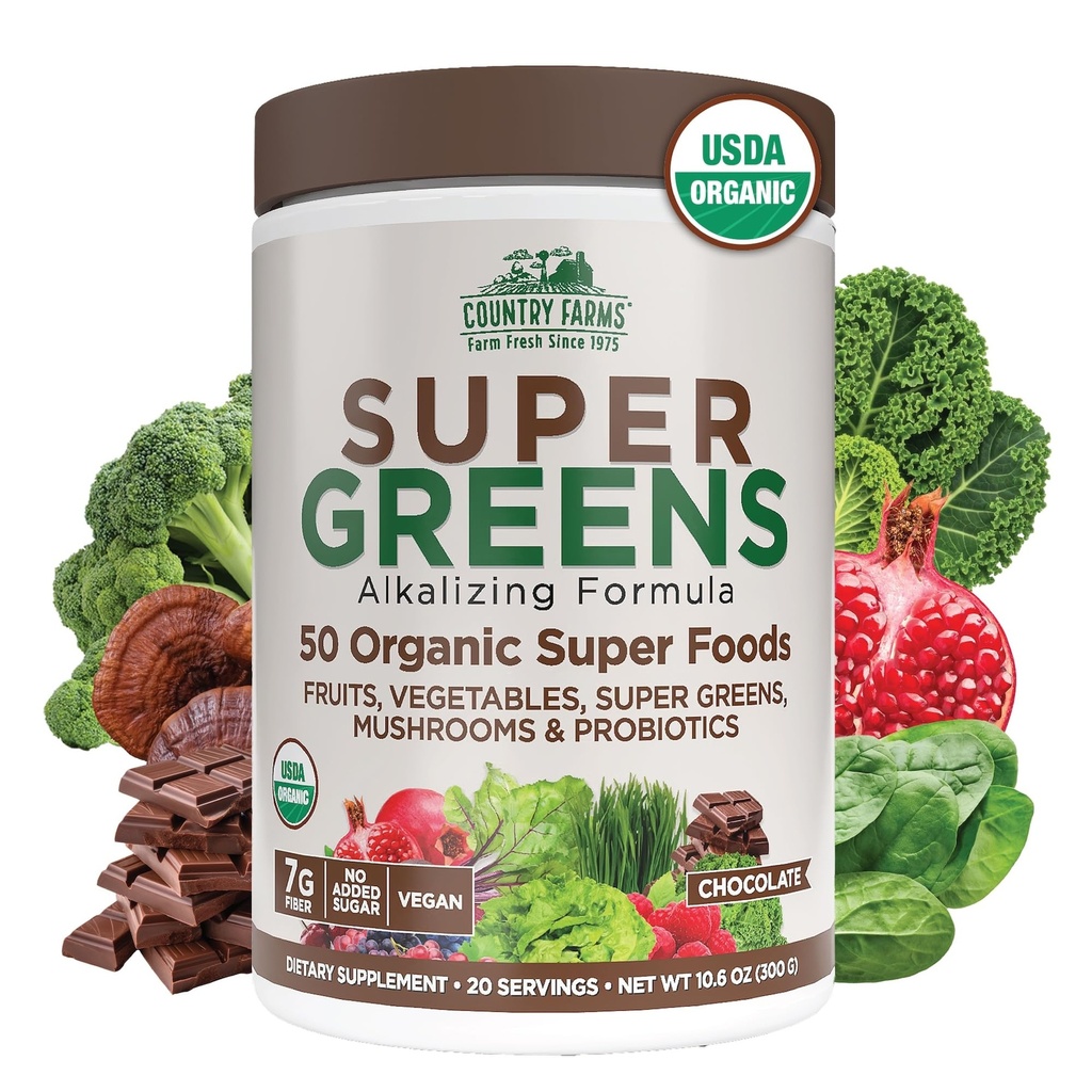 Země Farms Organické Super Zelené Čokoláda Flavor, 50 Organic Super Foods, USDA Organic Drink Mix, Balený s Fiber, Ovoce, Zelenina, Houby & Probiotika, Podporuje energii, 7g Fiber