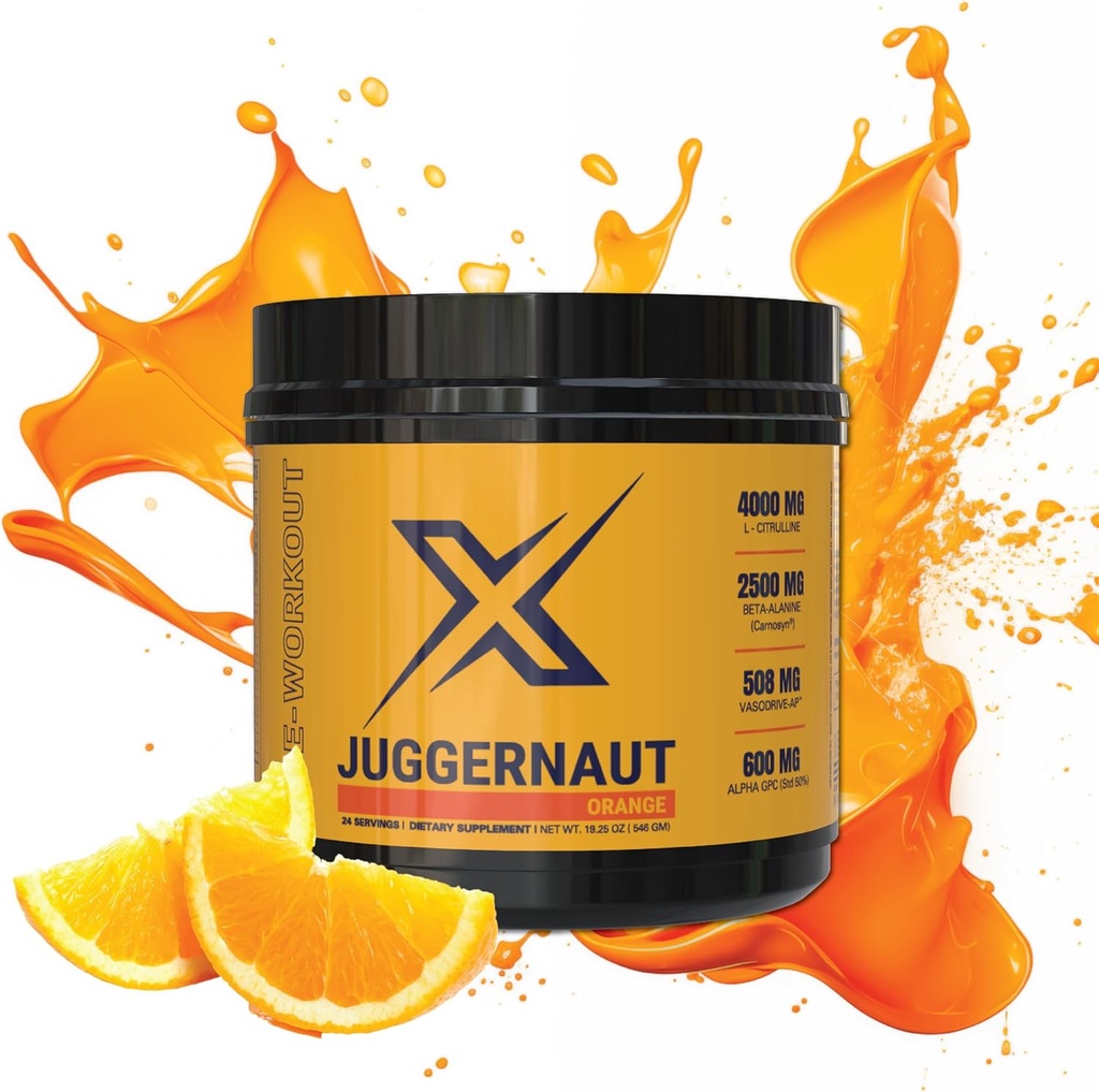 Juggernaut X Pre- Workout Dodatek (Orange) - Zvyšuje sílu, Vytrvalost, Energie - L- Citrulin, Beta- Alanin, Creatine, Vylepšený s VasoDrive pro podporu krevního tlaku - 30 Služeb