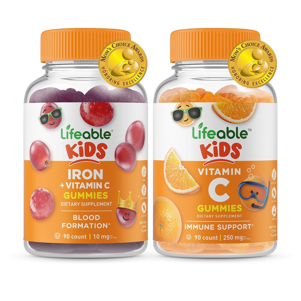 Živé železo a vitamín C Děti + Vitamin C Děti, Gummies Bundle - Velký Ochutnávání, Vitamin dodatek, Lepek zdarma, GMO zdarma, Žvýkací žlab