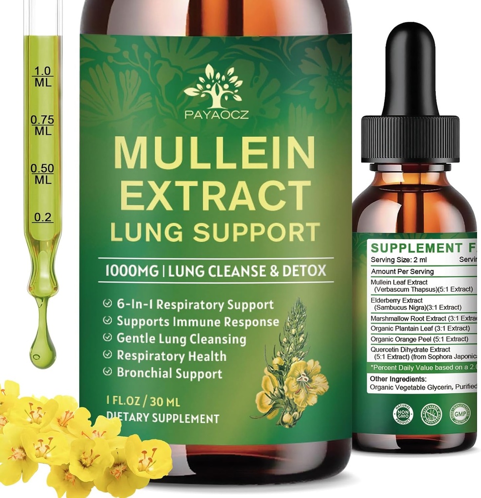 (2 Pack) 6 V 1 Mullein Drops for Lungs, Organic Mullein Leaf Extract Tinkture for Lungs, Detox Cleanse & Respirační pro dýchací zdraví, Mullein olejový dodatek imunitní podpora, Vegan, 1 Fl Oz