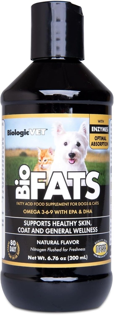 BiologicVET BioFATS - Obsahuje Omegas 3, 6 & 9 - s EPA, DHA & ALA - pro psa a kočku - Kožní a společná zdravotní podpora - Zahrnuje ryby, lněná semena a olivový olej - 6.76 f. oz.