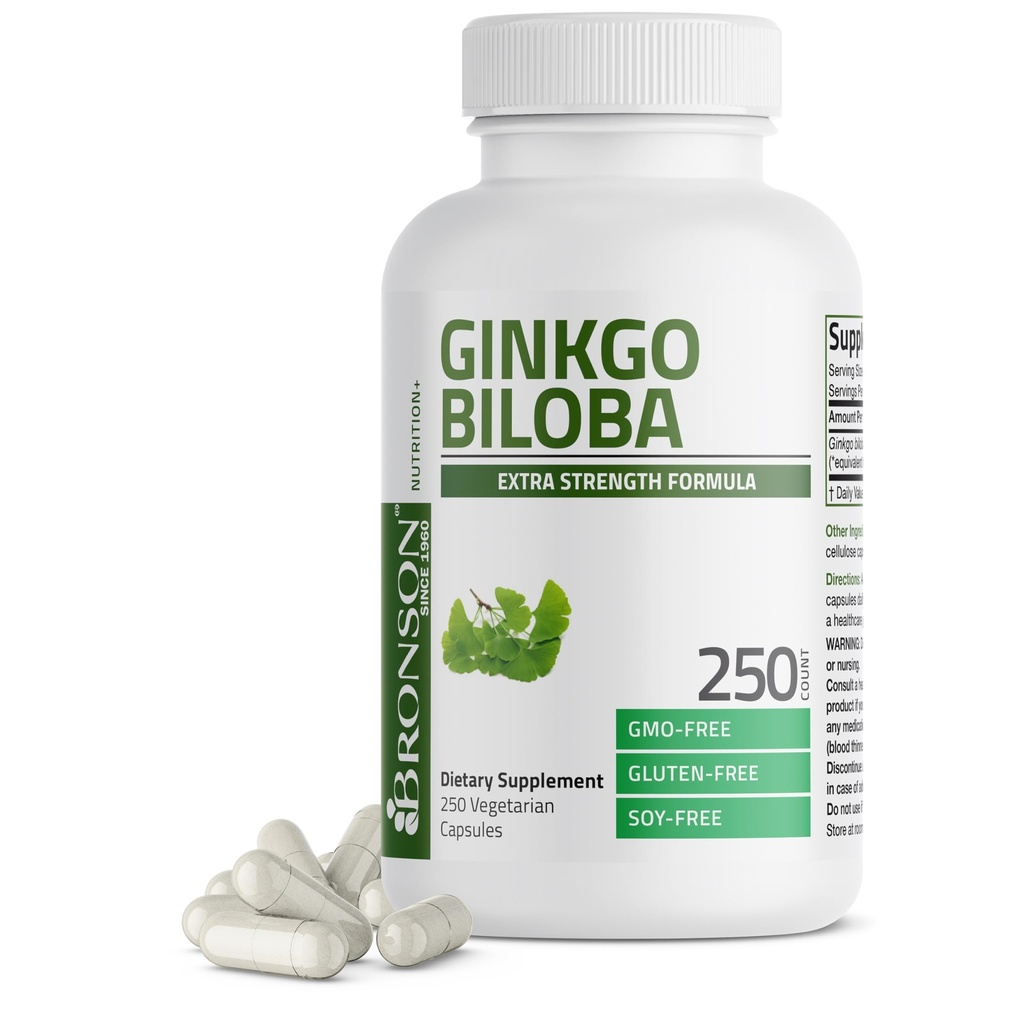Bronson Ginkgo Biloba Extra síla podporuje mozkovou funkci a podporu paměti, 250 Vegetariánské kapsle