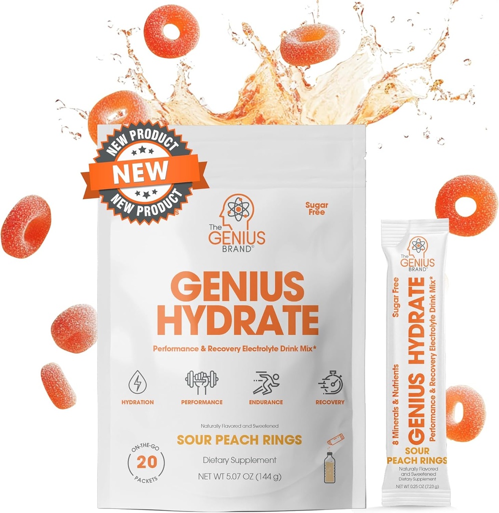 Geniální Brand Genius Hydrate - Electrolyte Supplement for Daily Hydration - Coconut Water - Sugar- Free - 8 Esenciální minerály a živiny - Non- GMO - Sour Peach Rings - 20 Služeb