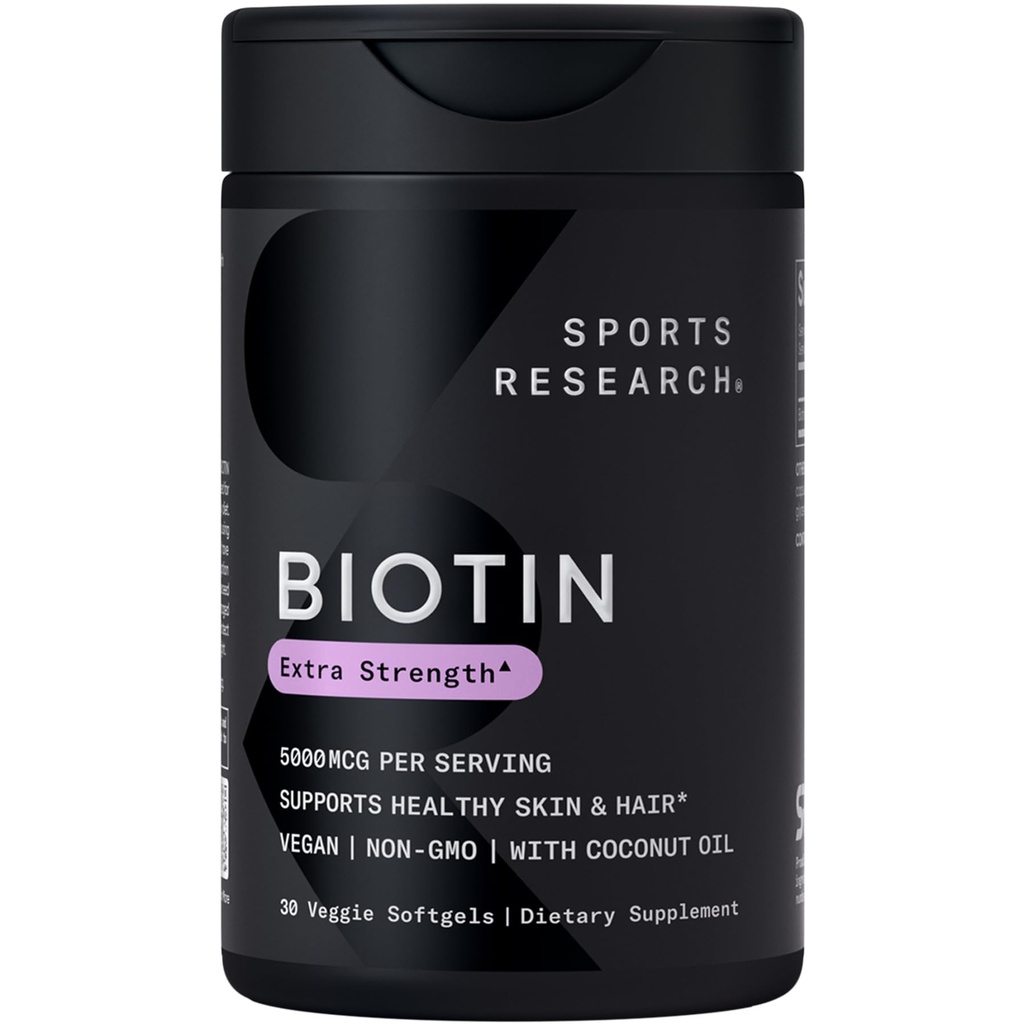 Sports Research ® Biotin 5,000mcg s organickým kokosovým olejem - Biotin (Vitamin B7) pro zdravou pleť a podporu vlasů * - pro ženy a muže - Vegan, Non- GMO, gluten & Soy- Free - 30 Veggie Softgels