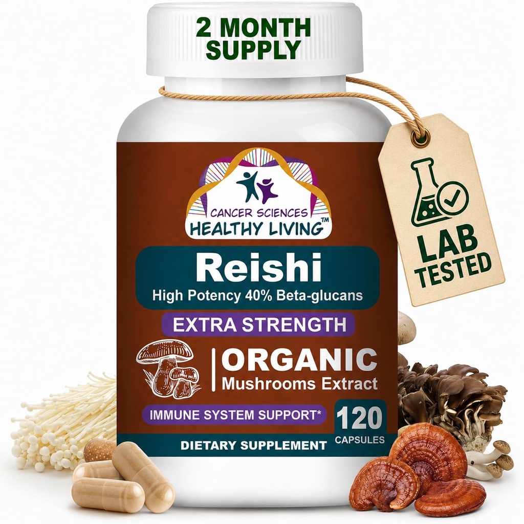 CANCER SCIENCES Reishi Wellness Houbový dodatek Kapsle, USDA Certified Organic Houbovice Extract, Extra síla 1500 mg, High potency 40% Beta- Glucans, Imunitní podpora, Antiaging, 120 Kapsle