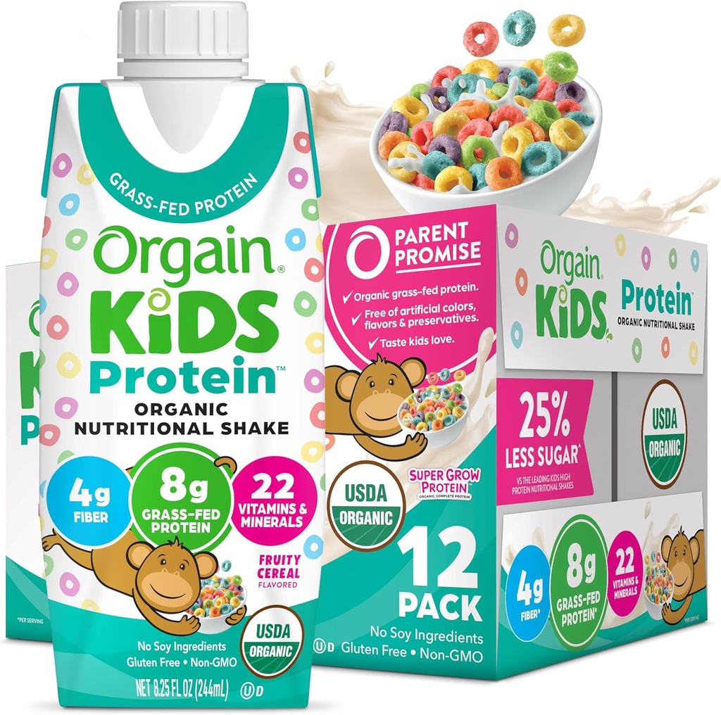 Orgain Organic Kids Nutritional Protein Shake, Ovocné Cereální - Děti Snacks s 8g mléčné bílkoviny, 22 Vitamíny & Minerály, Ovoce & Zelenina, Lepek Free, Soy Free, Non- GMO, 8.25 Fl Oz (balení po 12)