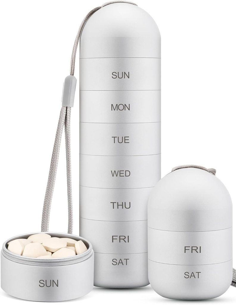 Zannaki Metal Moisture Proof Weekly Pill Organizátor, Stackable Aluminium Alloy BPA Bezplatné cestování 7 den Pill Box Pouzdro vodotěsné a velké kompartment držet pilulky, vitamíny, rybí olej, doplňky