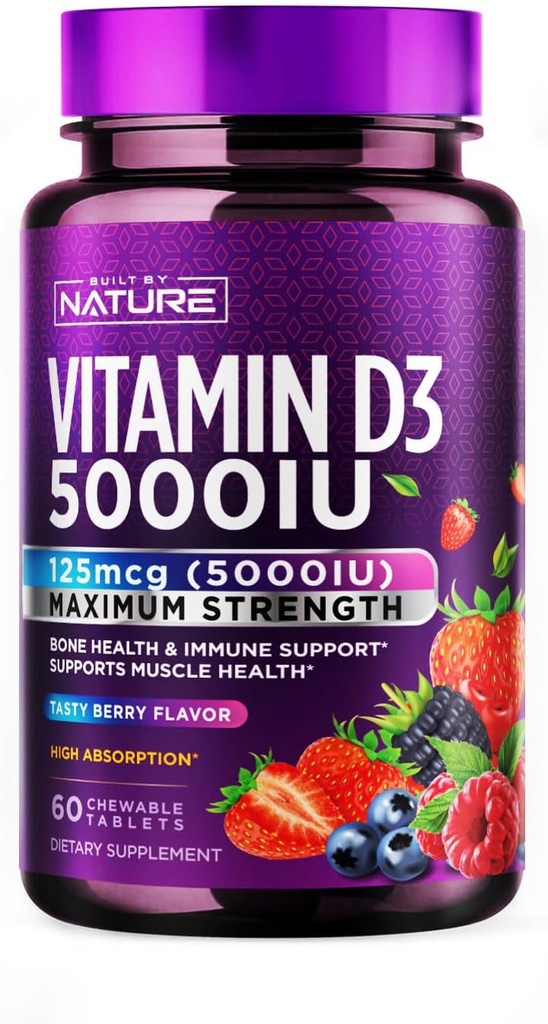 Postaven přírodou Žvýkací vitamín D3 5000 IU - Vitamin D Doplatek Chews - Cukr zdarma & Přírodní Berry Flavor - 60 Tablet