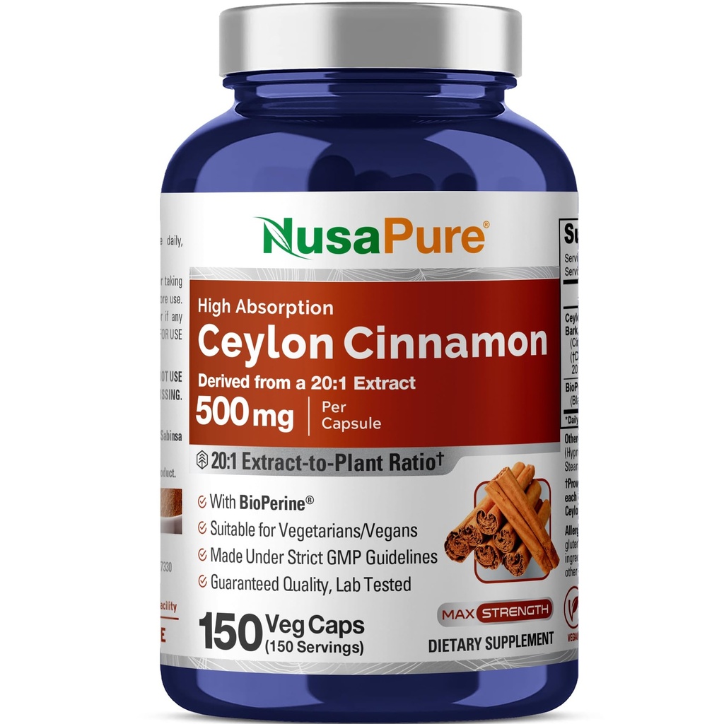 NusaPure Ceylon Cinnamon20: 1 Extract, 500 mg Ekvivalentní s 10 000 mg per Caps CARL 124; 150 Veggie Capsules CARL 124; Non- GMO, Vegan s bioperinem
