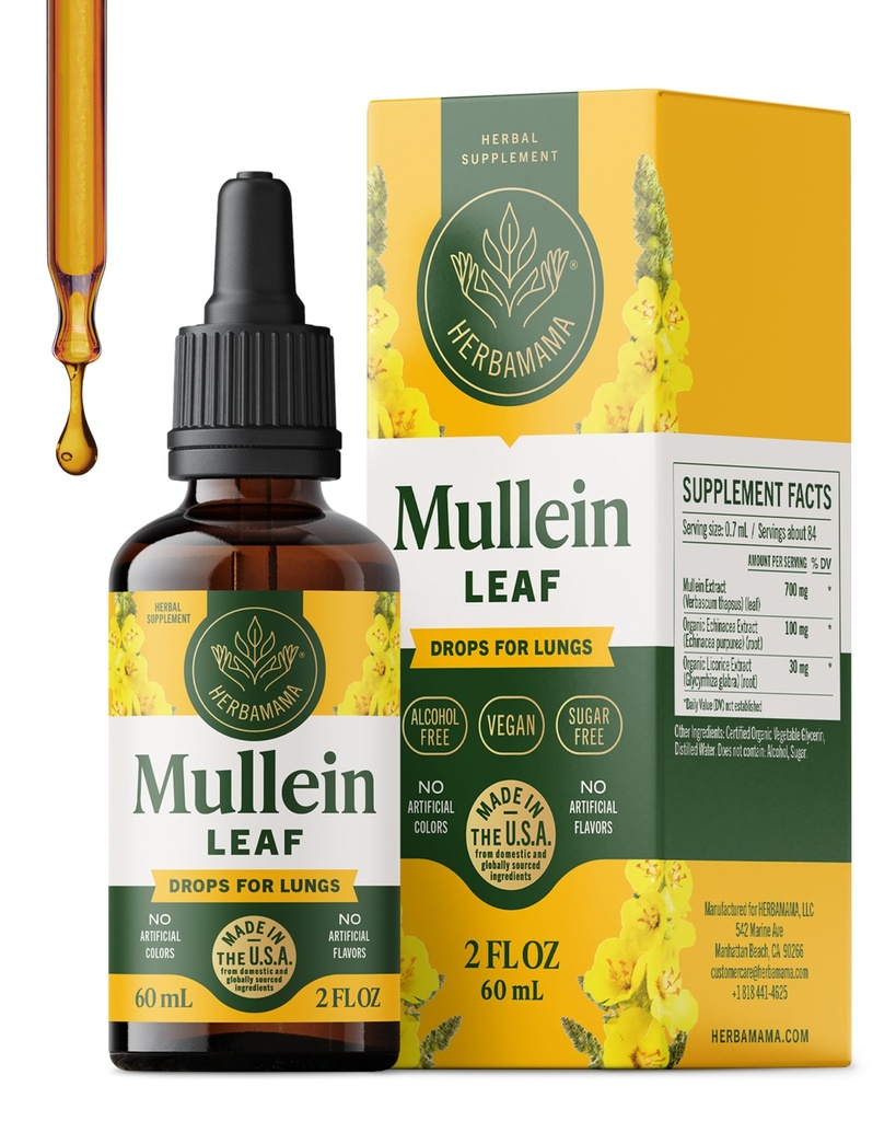 HERBAMAMA Mullein Drops for Lungs - Vegan Mullein Leaf Extract for Lungs Cleanse Support - Non- GMO, Alkohol & Sugar- Free Respirační dodatek, 28- denní dodávky