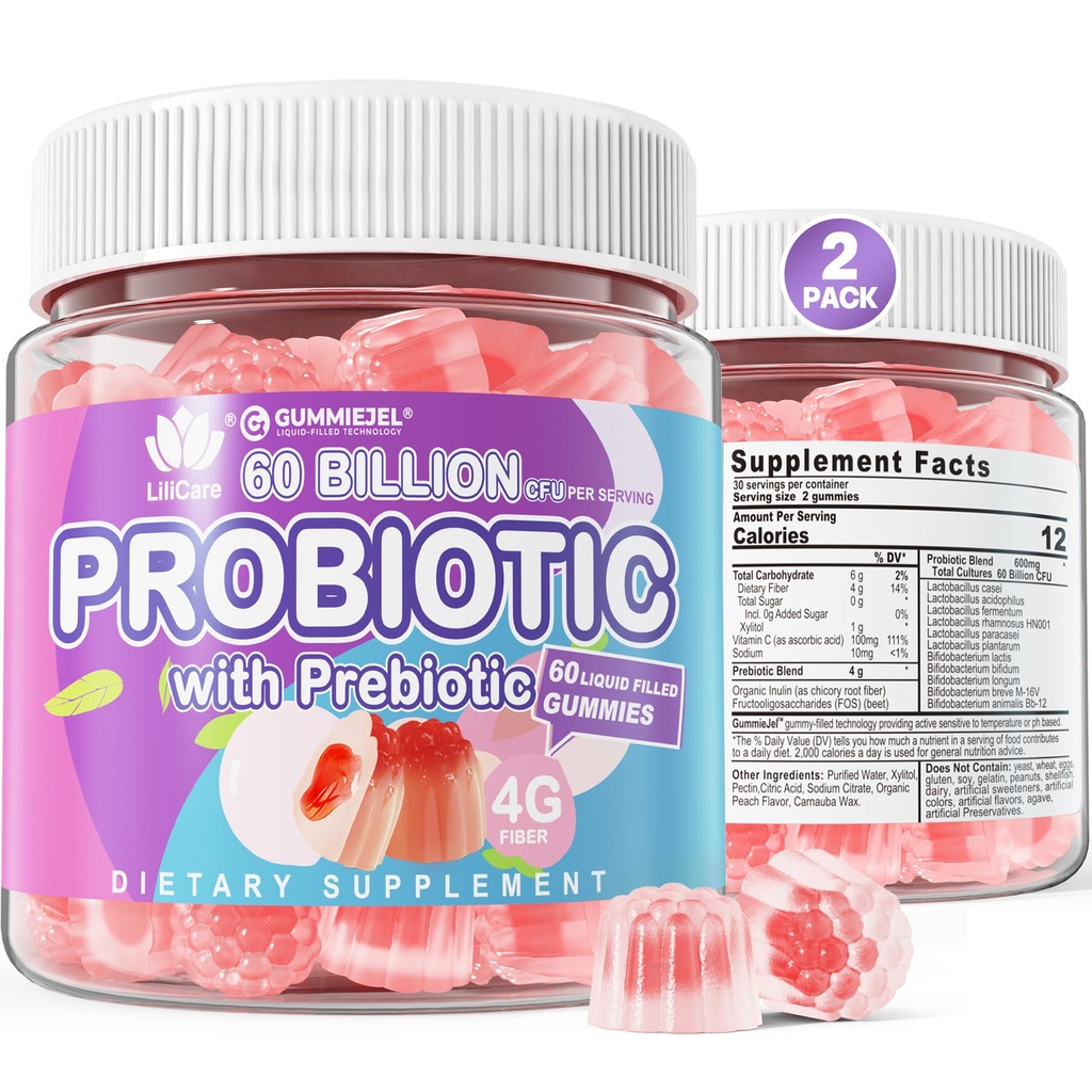 2Pack Probiotika + Prebiotika Gummies Sugar Free 60 Milionů CFU, 11 Strany Probiotika Plněné Gummies pro ženy Muži Stravovací zdraví a Gut zdraví, Podporuje Zácpa, Průjem, Plyn & Bloating