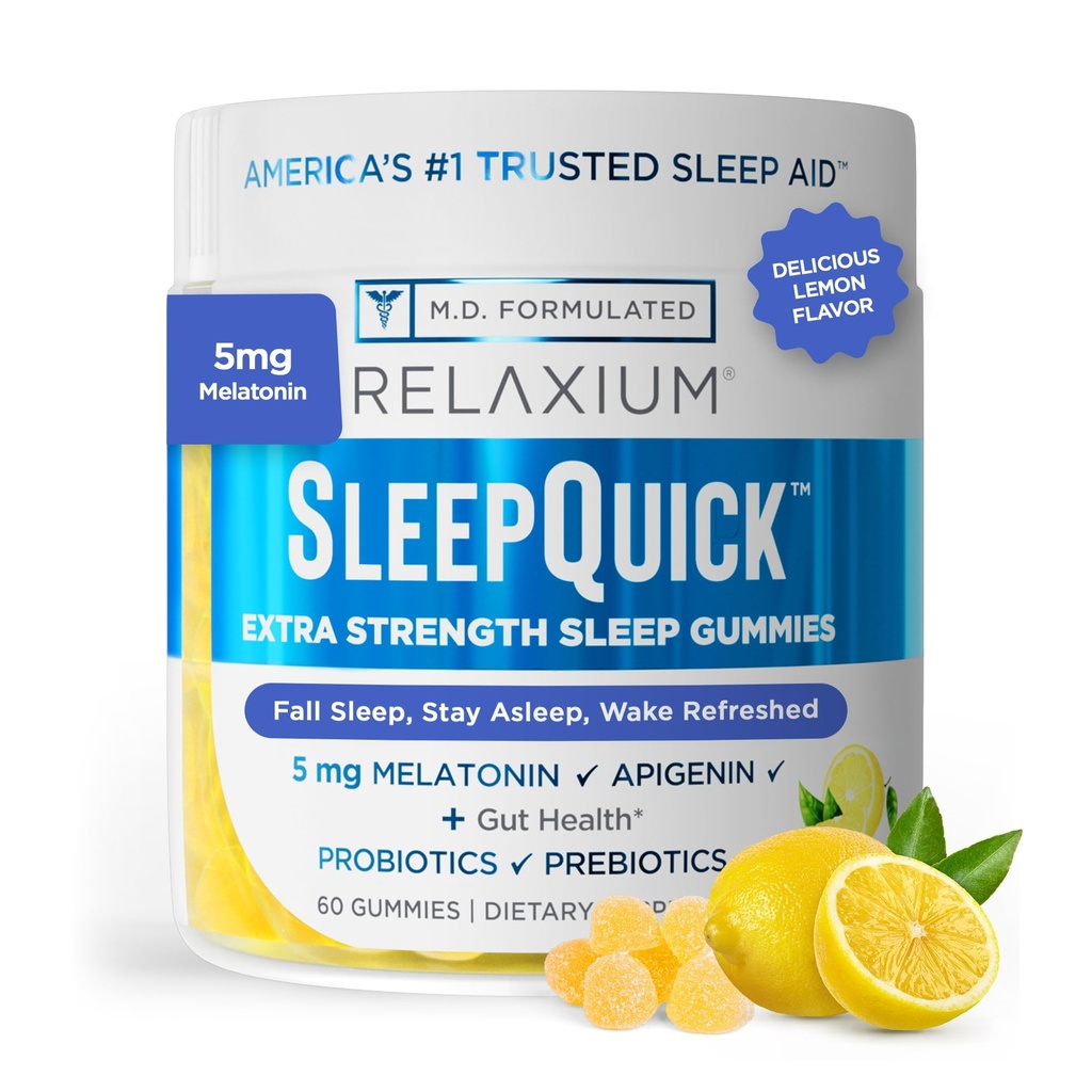 Relaxium Sleep Quick Gummy, Podpora spánkové pomoci, 5 mg melatoninu, vitamin D-3, Prebiotic & Probiotic Blend, Gluten & Drug Free, Lemon Flavor, 60 Gummies