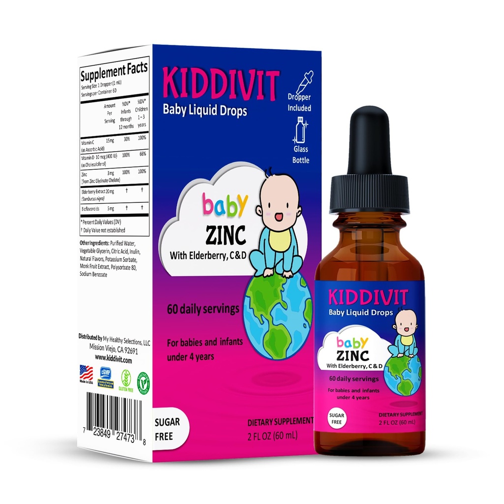 Kiddivit Baby zink kapalné kapky s Elderberry, Vitamin D3 & C - Gentle Imunitary Supplement - 60 Denní služby, Inulin Fortified Prebiotic Fiber - Cukr zdarma, gluten zdarma, Vegetarian, 2oz