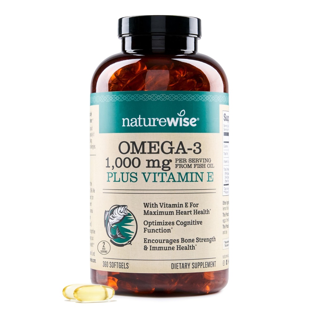 NatureWise Extra- Strength Omega 3 Fish Oil Supplement - 1000mg per Serving - 600 EPA & 400 DHA and Vitamin E - Podpora pro zdraví srdce a mozku - Lemon Flavor, GMO-Free - 360 Softgels [6-Month Supply]