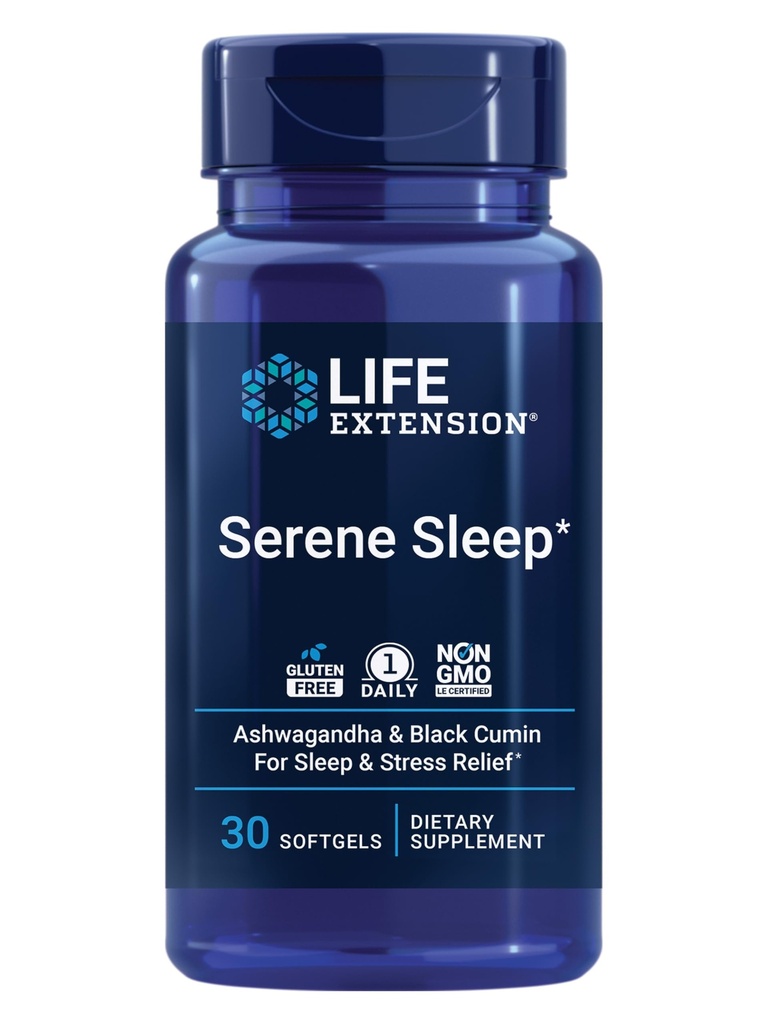Life Extension Serene Sleep - Ashwagandha, Black Cumin - Spánkový dodatek, klid, relaxace, podpora spánku bez melatoninu - Once-Daily, gluten-Free, Non-GMO - 30 Softgels