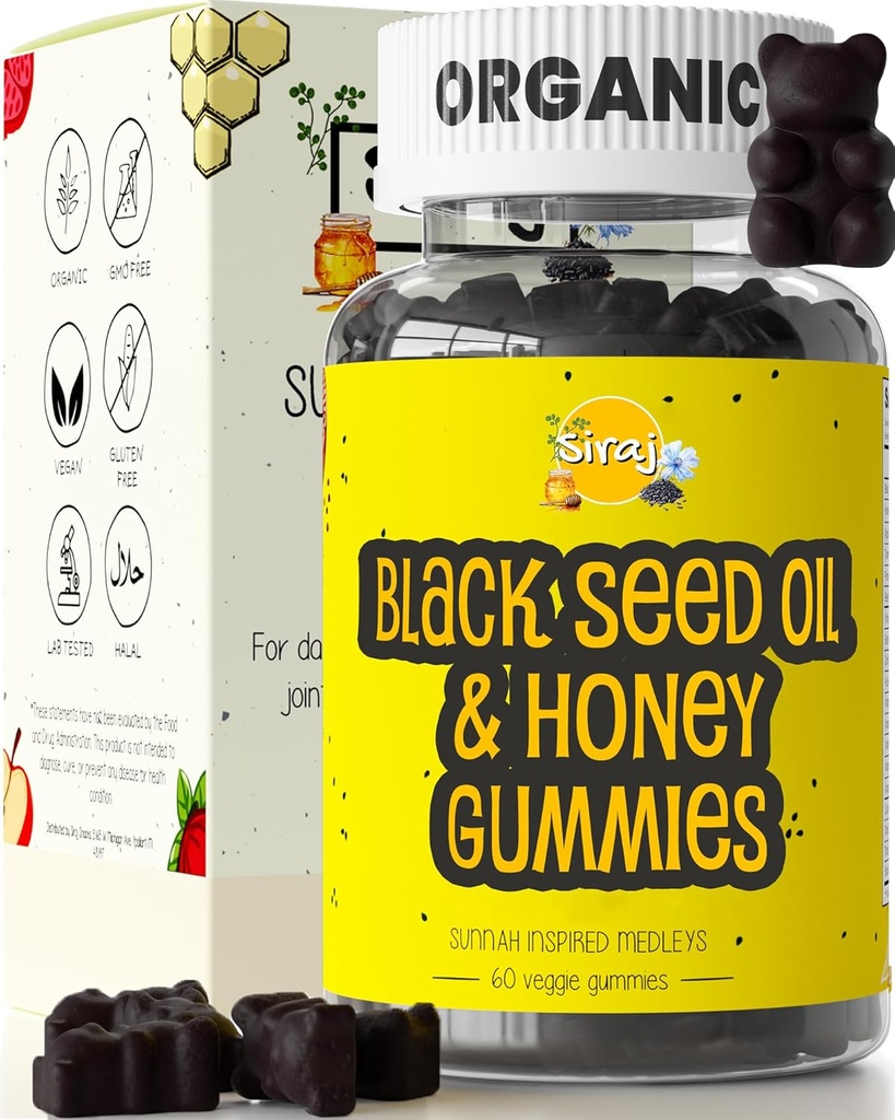 Siraj Organic Black Seed Oil Gummies w / Honey & 15% Thymoquinone Ibrahim 124; Multivitamin pro imunitní podporu, Stress Relief Gummy Vitamíny Ibrahi124; Turmeric, Apple Cider ocet, Multivitamin Gummies