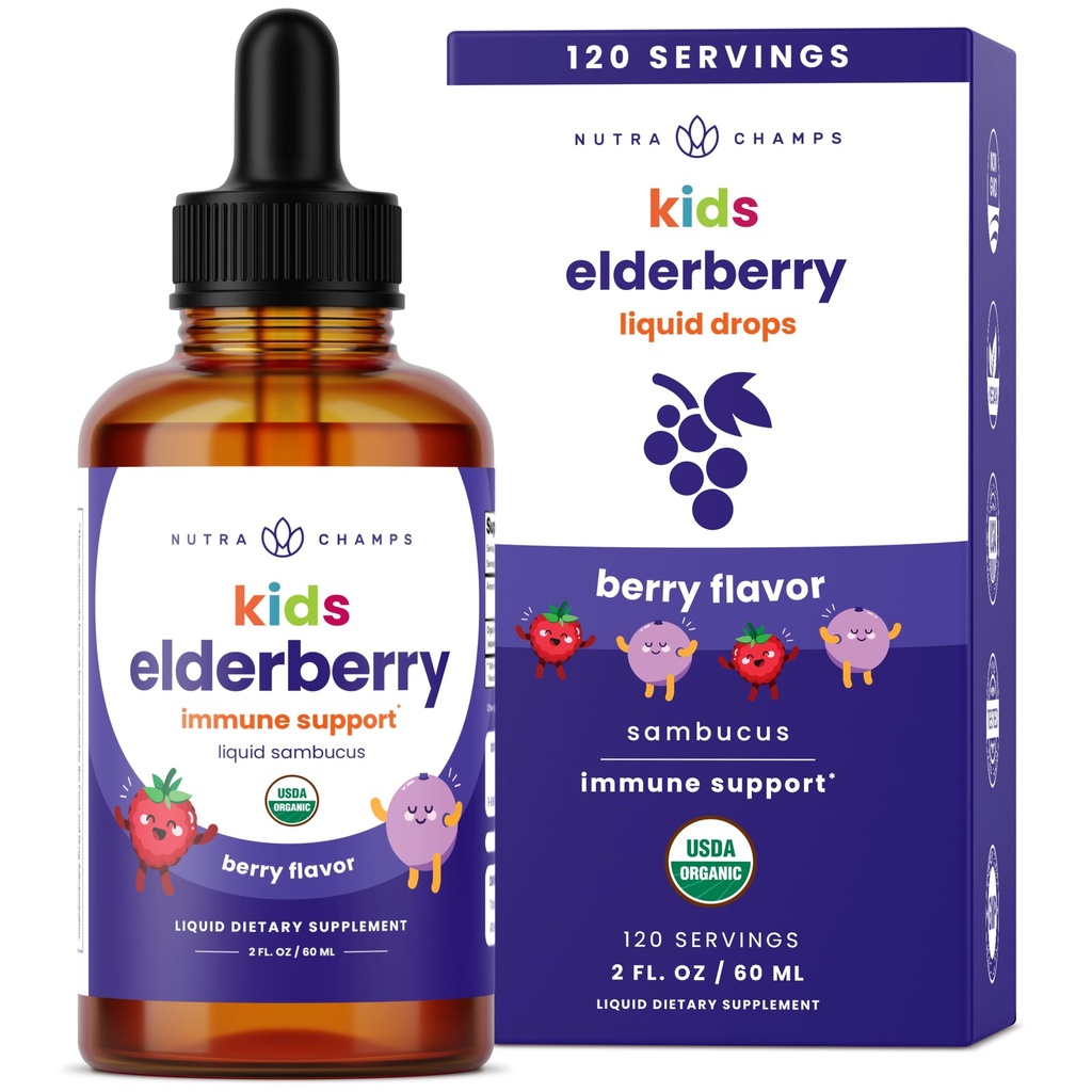 NutraChamps Black Elderberry for Kids Liquid Drops, 10: 1 Extract Sambucus Elderberry Syrup for Kids, Sugar- Free European Elderberry Drops Berry Flavor, Imunitní podpora, 4 Měsíční dodávky