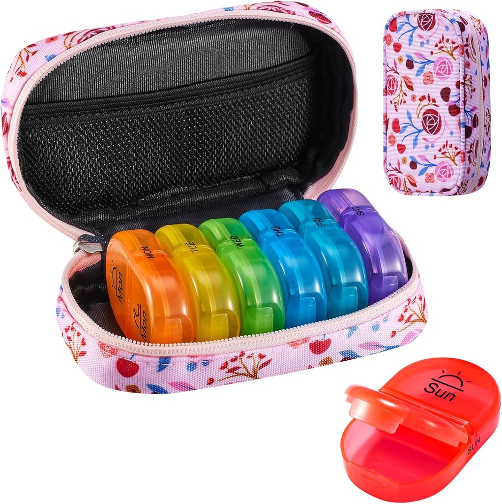 Serfeymi Týdenní cestovní Pill Organizátor 2 Times A Day PM Upgraded Rainbow Pill Box 7 Day with Portable Zipper Canvas Pill Case, Medicína Organizátor pro pilulky, Vitamíny, Rybí oleje - Pink 01