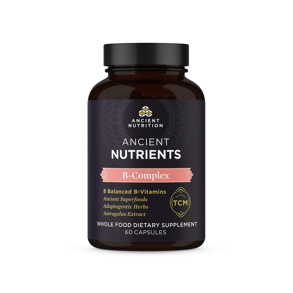 Ancient Nutrition vitamin B Complex Dodatek, 8 Balanced B-Vitamíny, Podporuje zdravé energetické hladiny, Adaptogenní Byliny, enzym Activated, Paleo & Keto Friendly, 60 Kapsle
