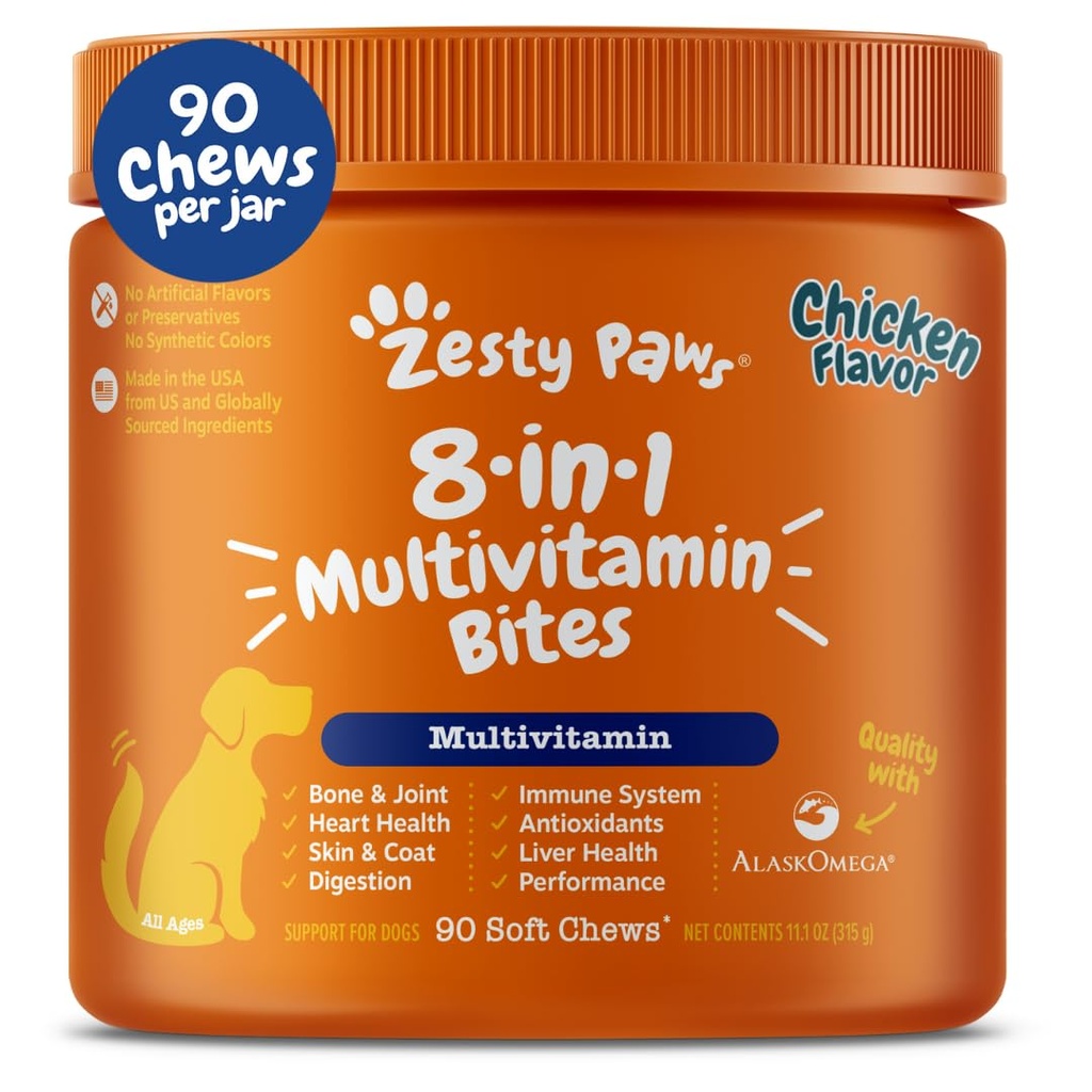 Zesty Paws Dog Multivitamin, Žvýkací Dog Vitamíny a doplňky pro Hip & Joints, kůže & Coat, Omega 3 Rybí olej pro Dogs- Senior & Puppy Multivitamin- Chicken- 90ct
