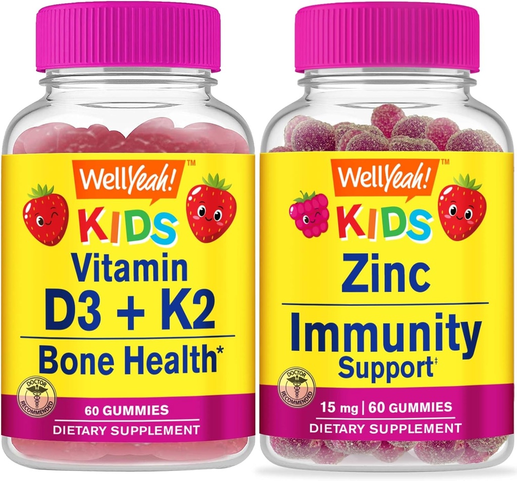 WellYeah Vitamin D3 + K2 Děti + Zinkové děti 15mg, Gummies Bundle - Great Toasting, Vitamin dodatek, gluten zdarma, GMO zdarma, Žvýkací žlab