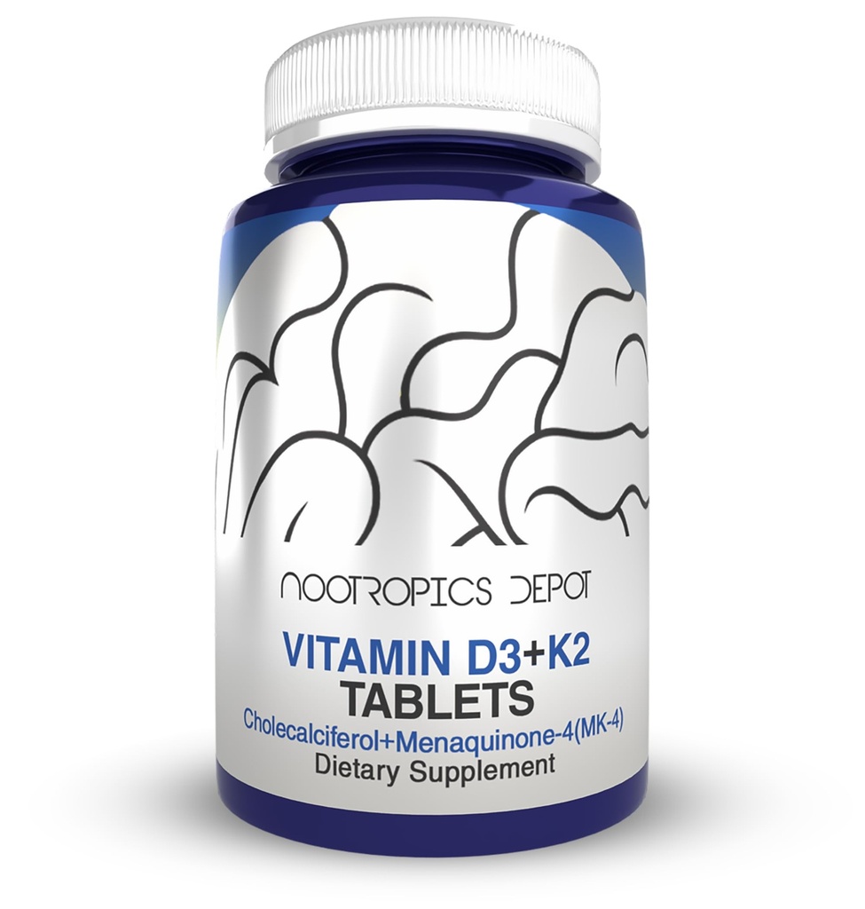 Nootropics Depot Vitamin D3 + K2 s vitaminem C Tablety IR 124; 60 Počet IR 124; Cholekalciferol + Menachinone-4 (MK-4) IR 124; Mood, & Bone Health IR 124; Zdravá absorpce vápníku