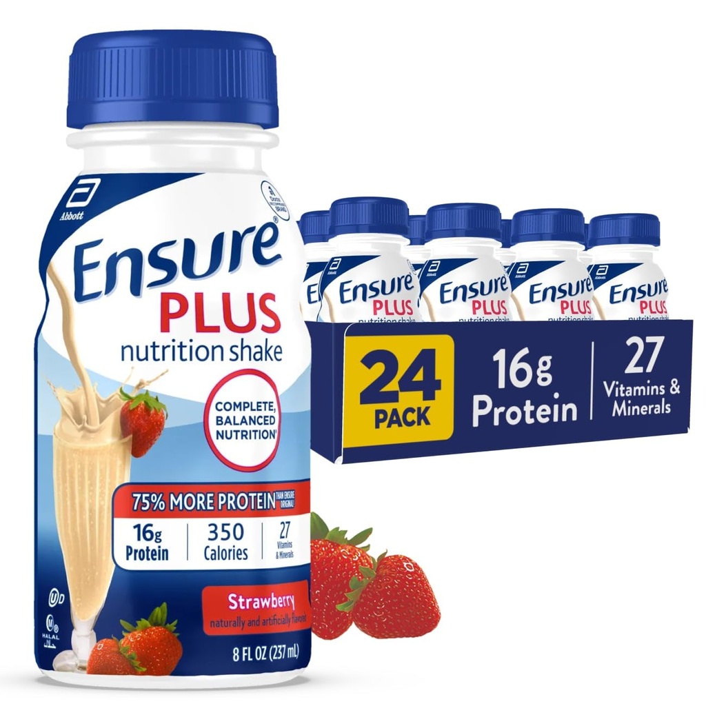 Zajistit Plus Jahodové nutriční Shake 124; Jídelní náhrada Shake 124; Připravený k pití 124; 16g protein a 27 Vitamíny a minerály 124; 8 fl oz - 24 Pack