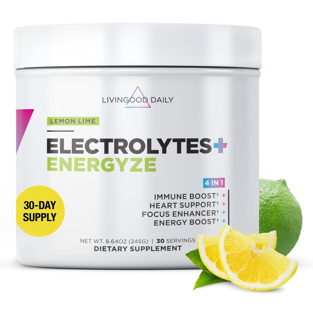 Livingood Daily Electrolytes Powder, Electrolytes Hydration Powder with Vitamin C, Taurie, D Ribose & FOS, Sugar Free Electrolyte Drink Mix, Keto, Gluten Free, Lemon Lime Flavor, 30 Servings