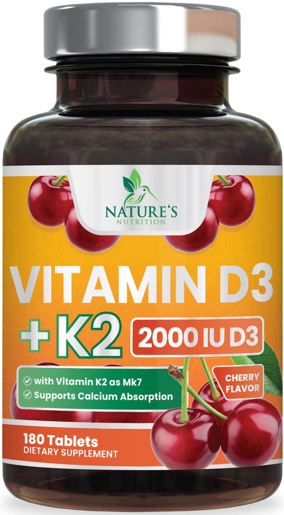 Vitamin D3 K2 2000 IU Plus s K2 (MK-7) 75 mcg - Vitamíny D & K Komplexní dodatek pro kosti, zuby, svalovina, absorpce vápníku, podporuje imunitní a srdeční zdraví, Non- GMO žvýkací vzorec - 180 Tablety