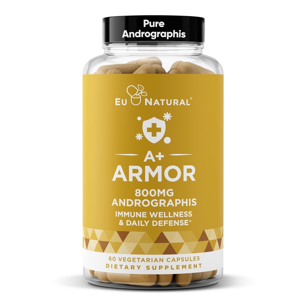 A + Armor Andrographis Pure 800 Mg - Funkce zdravého imunitního systému, Fyzické Wellness, Mocná síla pro sezónní ochranu - Full-Spectrum & Standardizované - 60 Vegan měkké kapsle