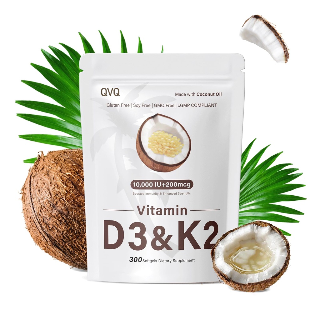 300 Pcs 2 v 1 Vitamin D3 10000 iu Plus K2 (MK-7) 200 mcg Virgin Coconut Oil Softgels s Vitamíny D & K Podporuje absorpci vápníku, kosti, imunitní, & srdce zdraví - Snadno polykat