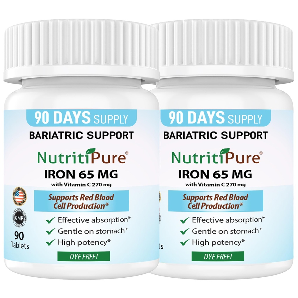 Karbonyl Iron Tablet 65 mg s 270 mg vitaminu C 124; 180 dní dodávky 124; pro ženy / muže 124; High potency Bariatric Vitamíny pro pacienty WLS včetně Gastric Bypass 124; Barvy zdarma (2)