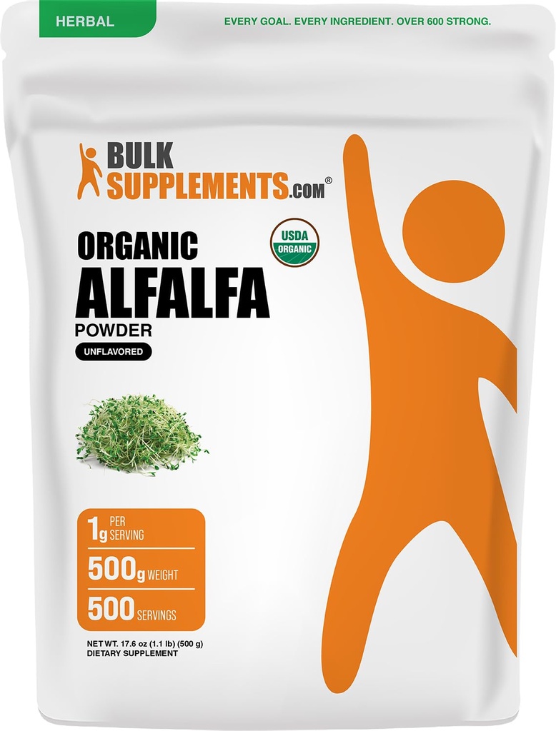 Bulksupplements.com Organic Alfalfa Grass Powder - Alfalfa dodatek, Green Superfood Powder - Vegan & Gluten Free, 5g per Serving, 500g (1,1 lbs) (balení po 1)