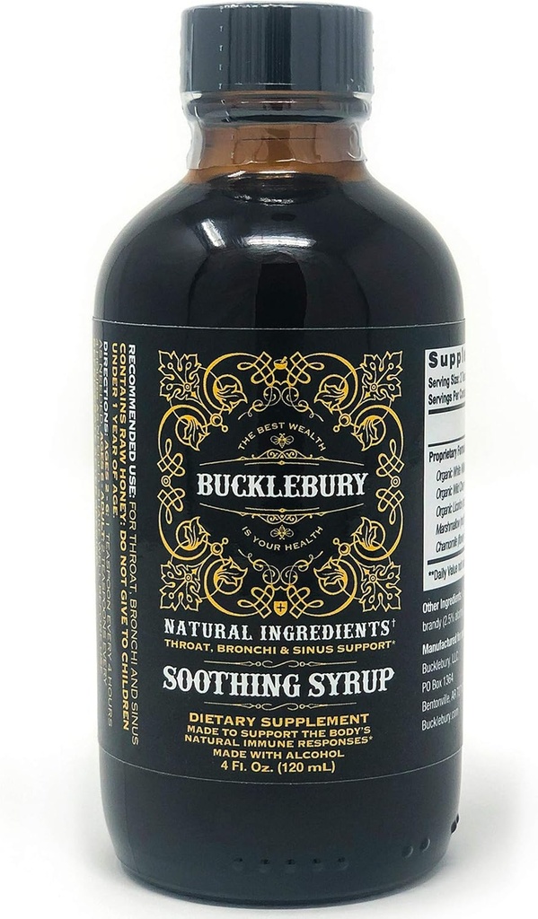 BUCKLEBURY Soothing Herbal Syrup - Horní respirační podpora, Původní Premium Herbal Vše v jednom dodatku pro Sinus, Bronchi, Hrdlo a Respirační podpora - 4oz