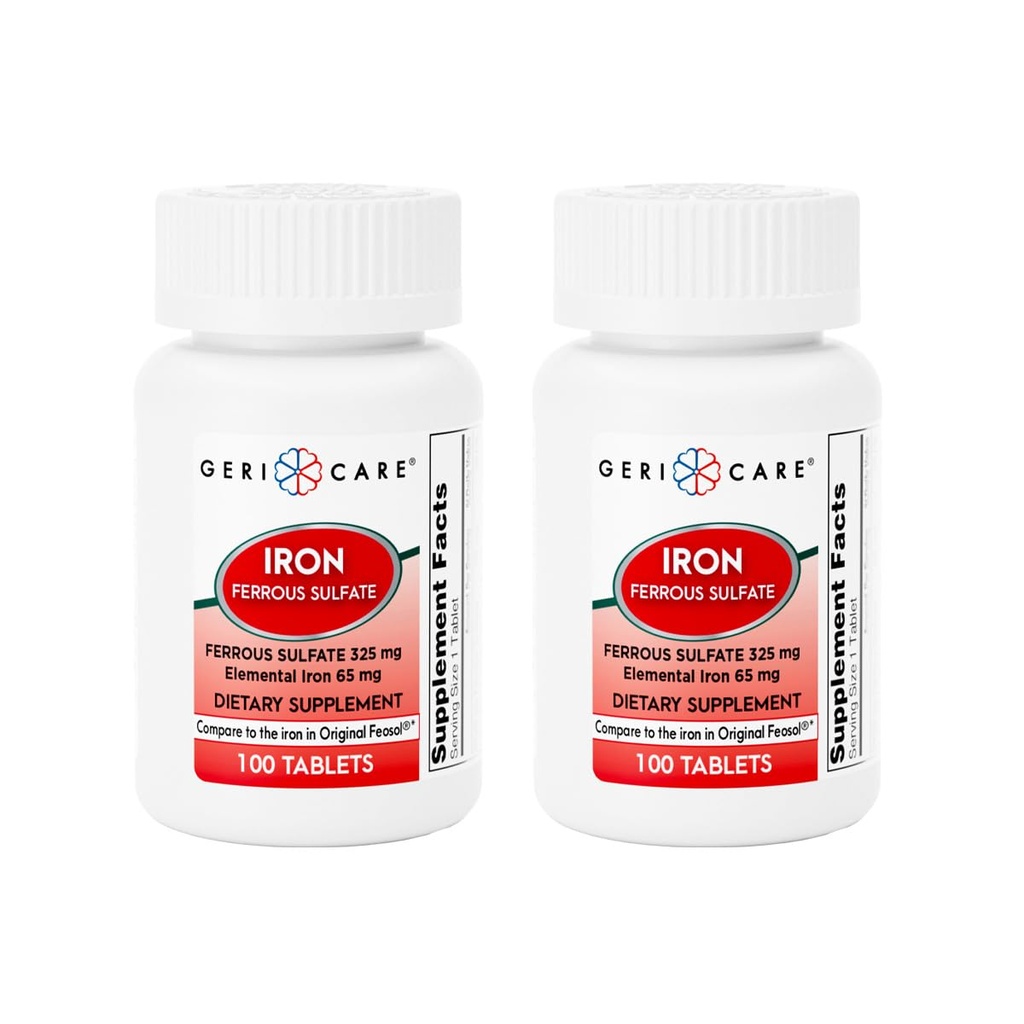 GeriCare železné sulfátové tablety 325mg, Elemental Iron 65 mg High potency Iron Appendix CLAS124; Dietní dodatek 100 Počet (balení po 2)