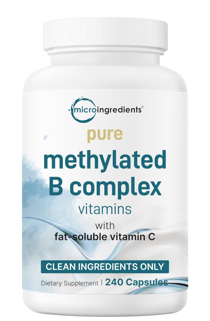 Micro Ingredients Pure Methyled B Complex, 240 Kapsle 124; 11- in-1 Formule s B12, Thiamin, Folát, Inositol, Cholin & Vitamin C Complex 124; Podporuje energii, Mood & Nerve zdraví 124; Filler zdarma, Non- GMO
