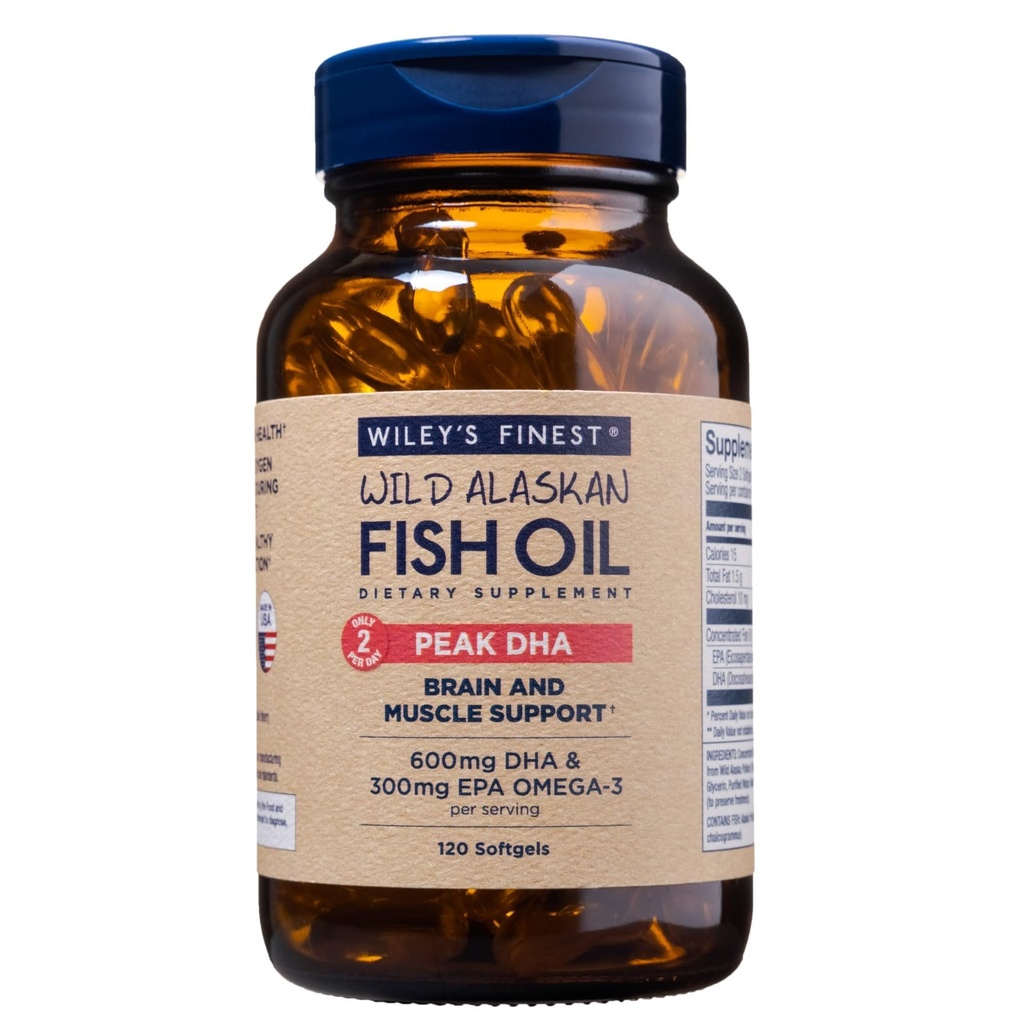 Wiley 's Finest Wild Alaskan Fish Oil Peak DHA - 900mg EPA a DHA Omega-3s - 120 Softgels (60 Servings)