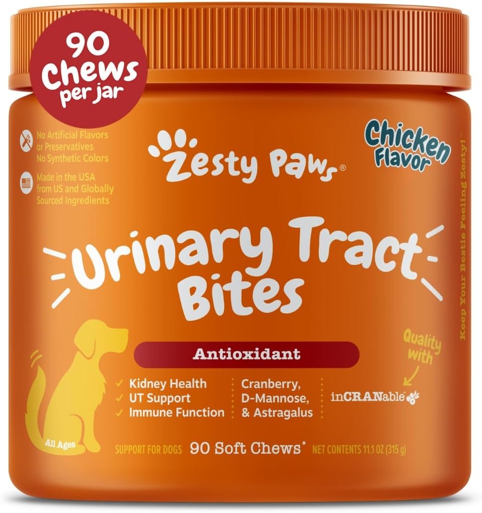 Zesty Paws Cranberry Doplněk pro psy - Kontrola močových cest pro psy - Podpora močových cest - Cranberry Chews - Imunitní & Gut Support - Kuře - 90 Počet