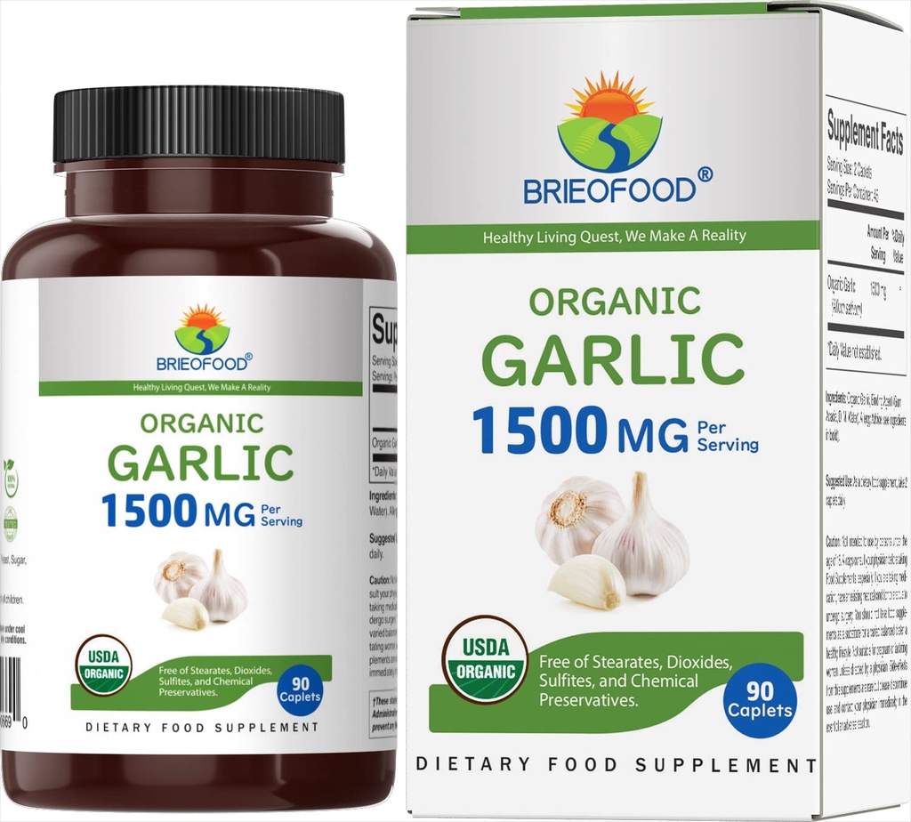 Brieofood Organic Garlic 1500mg, 45 Servings, Vegetarian, gluten Free, 90 Vegetarian Tablety