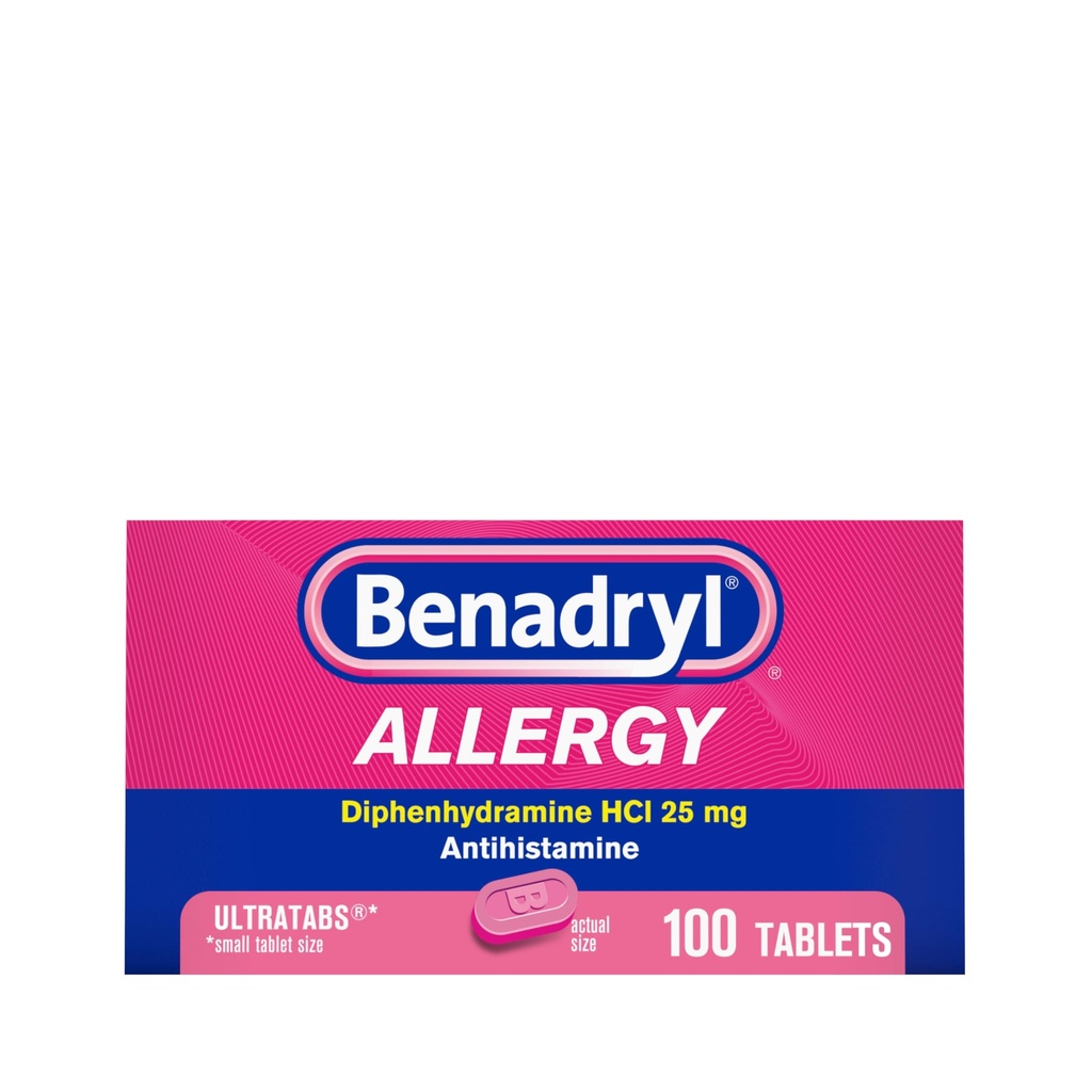 Benadryl Ultratabs Alergie Medicine, 25 mg Difenhydramine HCl Antihistaminium Tablety pro studenou a alergickou úlevu od příznaků jako je kýchání, Runny Nose, Itchy Eyes & Throat, Hay Fever, 100 Count Tablet