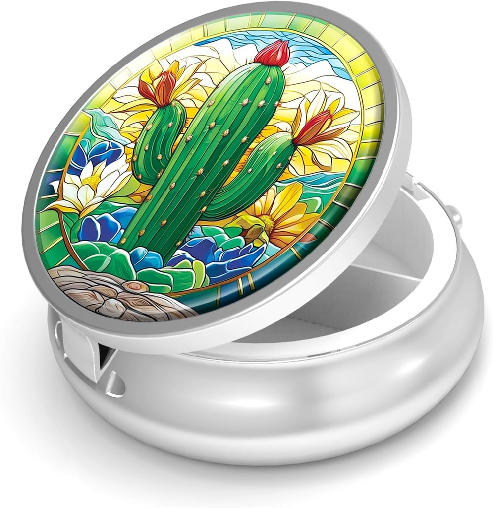 Pill Box-3 Kompartment Small Pill Pouzdro pro Purse & Pocket Mini Metal Pill Holder Cestovní Pill Kontejner pro držení doplňků Vitamíny BPA- zdarma (Cactus)