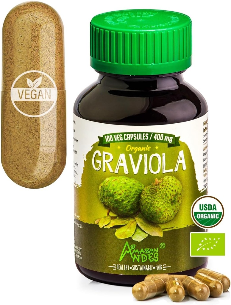 Andes Graviola Kapsle - Bohaté na vitamín C & Fiber - Imunitní systém stimulátor - Zdravé buněčné funkce - Vegan, Non GMO, Bezlepkové, Fairtrade Certified - 100 Soursop pilulky (400mg)
