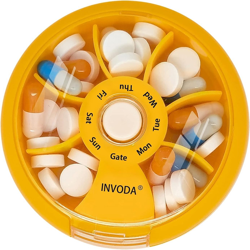 INVODA Weekly Pill Organizátor 7 Kompartment Rotating Pill Box for Daily Medication & Vitamíny - Přenosné cestovní Pill Pouzdro Rybí olejové doplňky Vitamíny Organizátor (Orange)