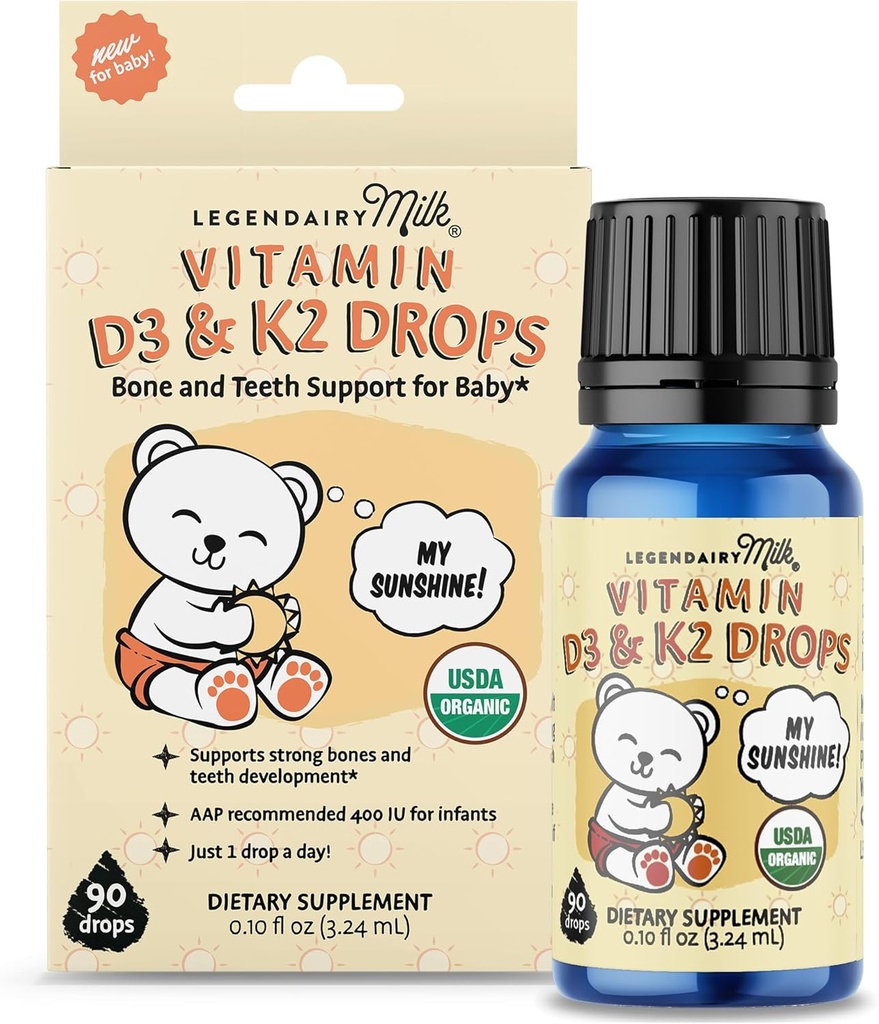 Legendární mléko organické Baby Vitamin D3 K2 Tekuté Kapky, 400 IU Vitamin D Kapky pro kojence s K2 Kapky, Vitamin D Kapky pro novorozence, Toddlers, a děti, Vegan, 90 Kapaliny