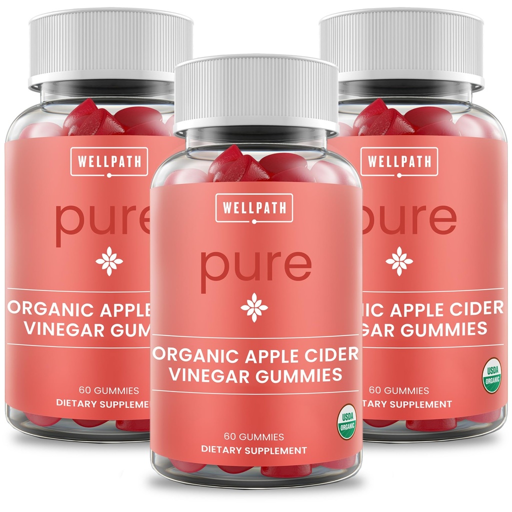 WellPath čisté organické jablečné octové gumy z Matky (3 balení) - Vyrobeno se zázvorem pro Gut zdraví 124; Vegan, Non- GMO, 180 Ct